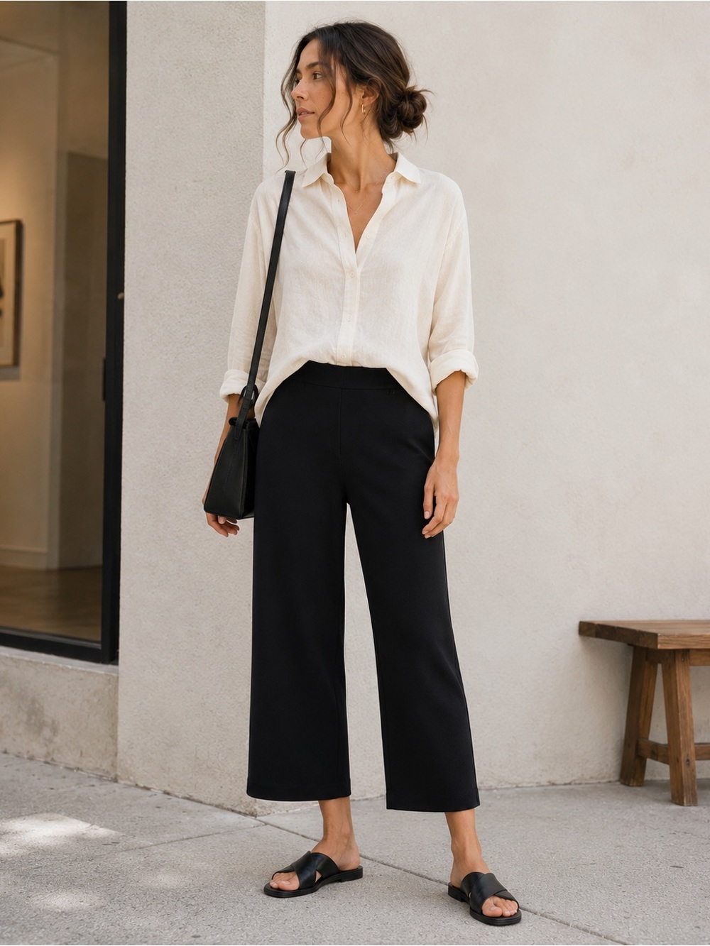 Eileen Fisher Pants L Black Tencel Ponte Knit Relaxed Straight Leg Ankle Travel